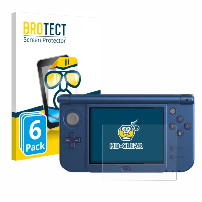 Face avant d’un emballage produit avec le logo de la marque BROTECT. À côté, l’appareil Nintendo New 3DS XL (Affichage inférie