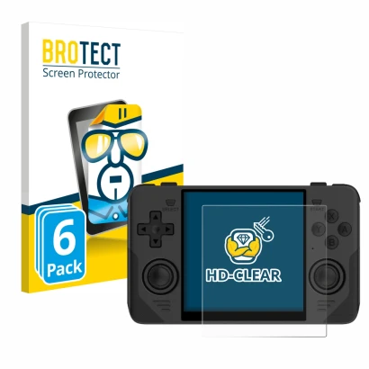 Face avant d’un emballage produit avec le logo de la marque BROTECT. À côté, l’appareil Powkiddy RGB30 est représenté avec la