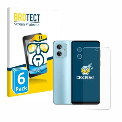 Face avant d’un emballage produit avec le logo de la marque BROTECT. À côté, l’appareil Motorola Moto G54 (Avant+Caméra) est r