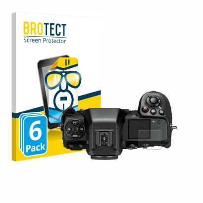 Face avant d’un emballage produit avec le logo de la marque BROTECT. À côté, l’appareil Nikon Z 8 (affichage des épaules) est 