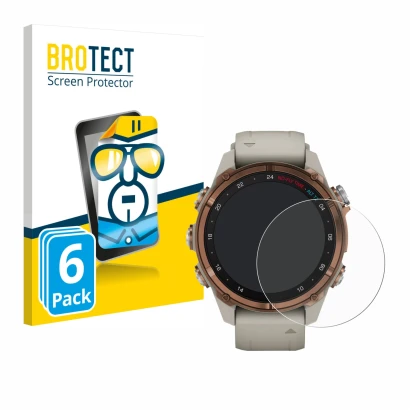 Face avant d’un emballage produit avec le logo de la marque BROTECT. À côté, l’appareil Garmin Descent Mk3 (43 mm) est représe