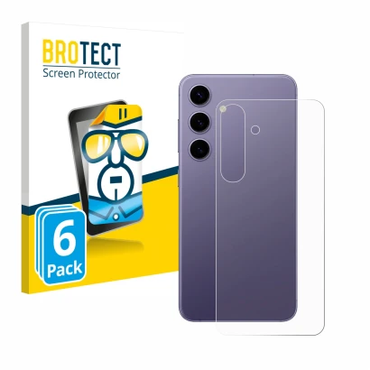Face avant d’un emballage produit avec le logo de la marque BROTECT. À côté, l’appareil Samsung Galaxy S24 (Arrière) est repré
