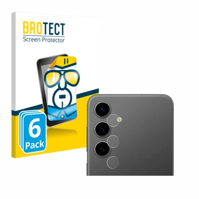 Face avant d’un emballage produit avec le logo de la marque BROTECT. À côté, l’appareil Samsung Galaxy S24 Plus (Caméra UNIQUE