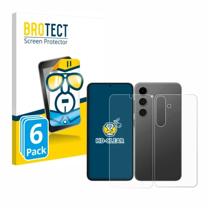 Face avant d’un emballage produit avec le logo de la marque BROTECT. À côté, l’appareil Samsung Galaxy S24 Plus (Avant+Arrière