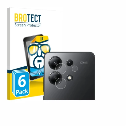 Face avant d’un emballage produit avec le logo de la marque BROTECT. À côté, l’appareil Xiaomi Redmi Note 13 (Caméra UNIQUEMEN