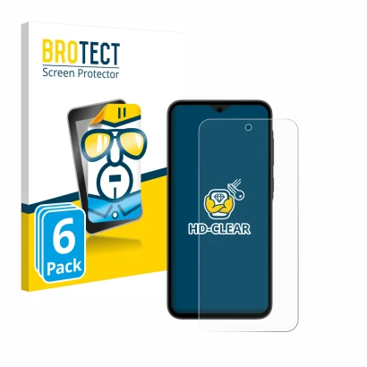 Face avant d’un emballage produit avec le logo de la marque BROTECT. À côté, l’appareil Samsung Galaxy A35 5G est représenté a