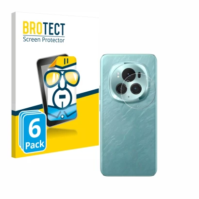 Face avant d’un emballage produit avec le logo de la marque BROTECT. À côté, l’appareil Honor Magic 6 Pro (Caméra UNIQUEMENT)