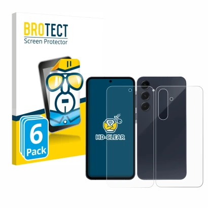 Face avant d’un emballage produit avec le logo de la marque BROTECT. À côté, l’appareil Samsung Galaxy A35 5G (Avant+Arrière) 