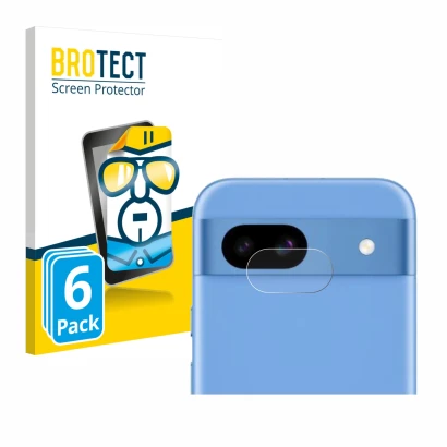 Face avant d’un emballage produit avec le logo de la marque BROTECT. À côté, l’appareil Google Pixel 8a (Caméra UNIQUEMENT) es
