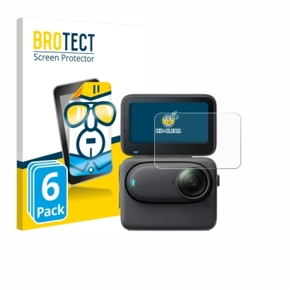 Face avant d’un emballage produit avec le logo de la marque BROTECT. À côté, l’appareil Insta360 Go 3S est représenté avec la 
