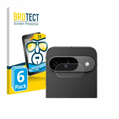 Face avant d’un emballage produit avec le logo de la marque BROTECT. À côté, l’appareil Google Pixel 9 (Caméra UNIQUEMENT) est