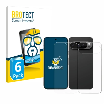 Face avant d’un emballage produit avec le logo de la marque BROTECT. À côté, l’appareil Google Pixel 9 Pro XL (Avant+Arrière)