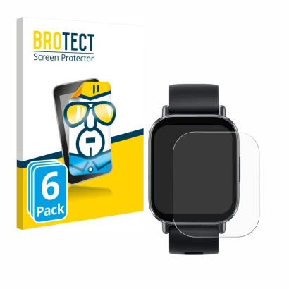 Face avant d’un emballage produit avec le logo de la marque BROTECT. À côté, l’appareil Xiaomi Redmi Watch 5 Active est représ