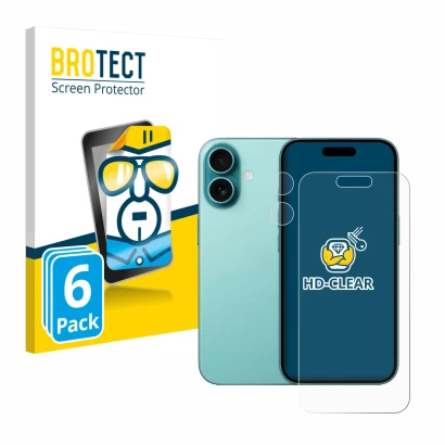 Face avant d’un emballage produit avec le logo de la marque BROTECT. À côté, l’appareil Apple iPhone 16 (Avant+Caméra) est rep