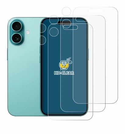 Image de l'appareil Apple iPhone 16 (Avant+Caméra) avec une grande variété de protections d'écran.