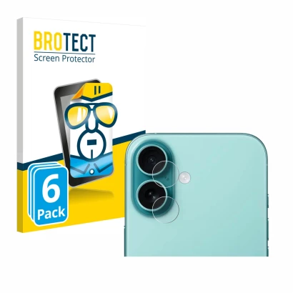 Face avant d’un emballage produit avec le logo de la marque BROTECT. À côté, l’appareil Apple iPhone 16 Plus (Caméra UNIQUEMEN