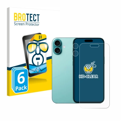 Face avant d’un emballage produit avec le logo de la marque BROTECT. À côté, l’appareil Apple iPhone 16 Plus (Avant+Caméra) es