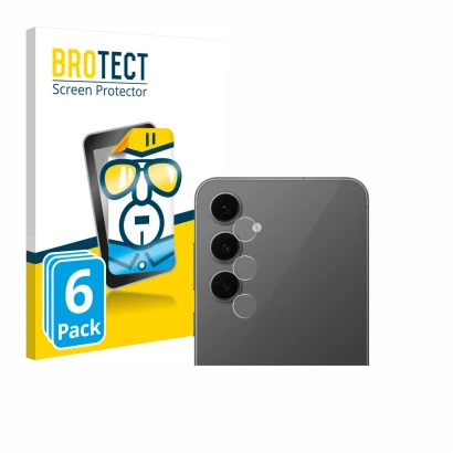 Face avant d’un emballage produit avec le logo de la marque BROTECT. À côté, l’appareil Samsung Galaxy S24 FE (Caméra UNIQUEME