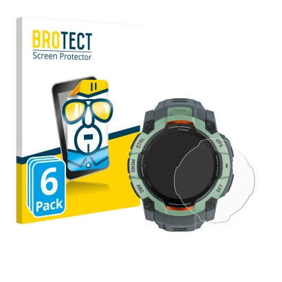Face avant d’un emballage produit avec le logo de la marque BROTECT. À côté, l’appareil Garmin Instinct 3 AMOLED (50 mm) est r