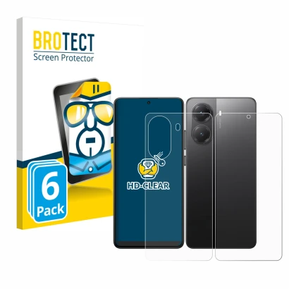 Face avant d’un emballage produit avec le logo de la marque BROTECT. À côté, l’appareil Xiaomi Poco X7 Pro (Avant+Arrière) est