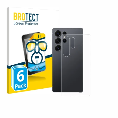 Face avant d’un emballage produit avec le logo de la marque BROTECT. À côté, l’appareil Samsung Galaxy S25 Ultra (Arrière) est