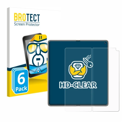 Face avant d’un emballage produit avec le logo de la marque BROTECT. À côté, l’appareil Huawei Mate X6 (Affichage interne) est