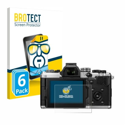 Face avant d’un emballage produit avec le logo de la marque BROTECT. À côté, l’appareil OM System OM-3 est représenté avec la