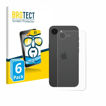 Face avant d’un emballage produit avec le logo de la marque BROTECT. À côté, l’appareil Apple iPhone 16e (Arrière) est représe