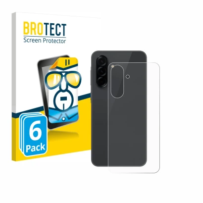 Face avant d’un emballage produit avec le logo de la marque BROTECT. À côté, l’appareil Samsung Galaxy A36 5G (Arrière) est re
