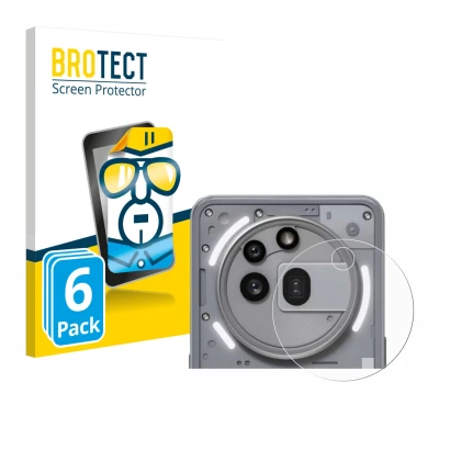 Face avant d’un emballage produit avec le logo de la marque BROTECT. À côté, l’appareil Nothing Phone (3a) Pro (Caméra UNIQUEM