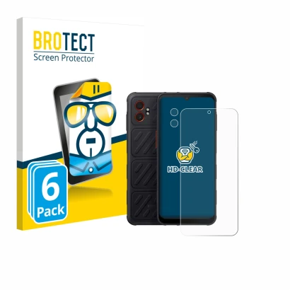Face avant d’un emballage produit avec le logo de la marque BROTECT. À côté, l’appareil Samsung Galaxy XCover 7 Pro (Avant+Cam