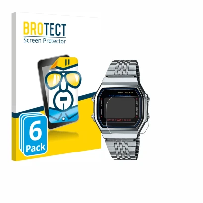 Face avant d’un emballage produit avec le logo de la marque BROTECT. À côté, l’appareil Casio iconic ABL-100WE-1A est représen