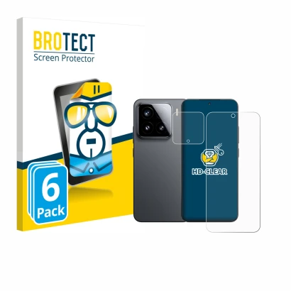 Face avant d’un emballage produit avec le logo de la marque BROTECT. À côté, l’appareil Xiaomi 15 (Avant+Caméra) est représent