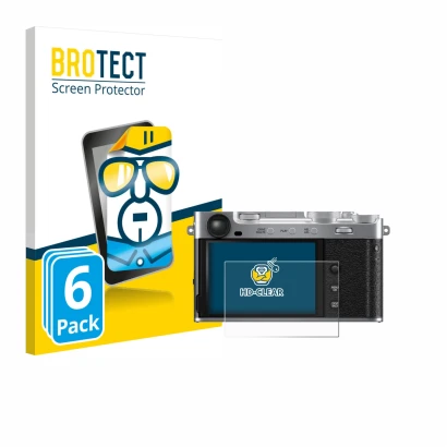 Face avant d’un emballage produit avec le logo de la marque BROTECT. À côté, l’appareil Fujifilm X-E5 est représenté avec la p