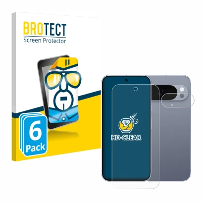 Face avant d’un emballage produit avec le logo de la marque BROTECT. À côté, l’appareil Google Pixel 10 Pro (Avant+Caméra) est