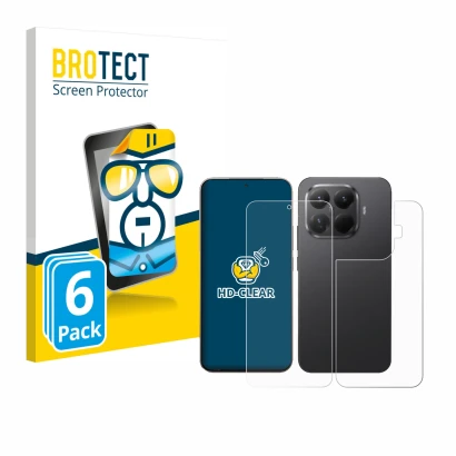 Face avant d’un emballage produit avec le logo de la marque BROTECT. À côté, l’appareil Xiaomi 15T Pro (Avant+Arrière) est rep