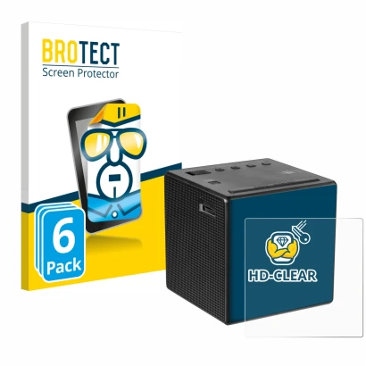 Face avant d’un emballage produit avec le logo de la marque BROTECT. À côté, l’appareil Sony ICF-C1 est représenté avec la pro