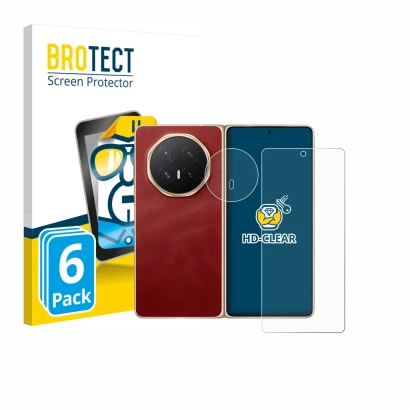 Face avant d’un emballage produit avec le logo de la marque BROTECT. À côté, l’appareil Honor Magic V6 (Avant+Caméra) est repr