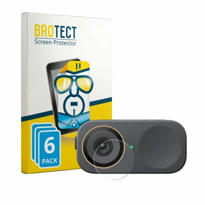 Face avant d’un emballage produit avec le logo de la marque BROTECT. À côté, l’appareil Insta360 Link 2C Pro (Lentille) est re