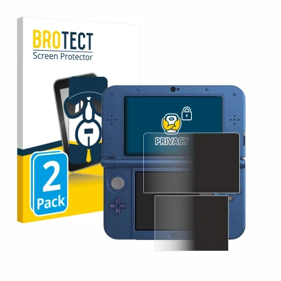 Face avant d’un emballage produit avec le logo de la marque BROTECT. À côté, l’appareil Nintendo New 3DS XL est représenté ave