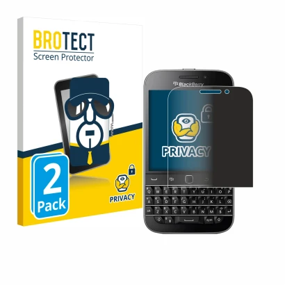 Face avant d’un emballage produit avec le logo de la marque BROTECT. À côté, l’appareil Blackberry Classic Q20 est représenté 