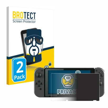 Face avant d’un emballage produit avec le logo de la marque BROTECT. À côté, l’appareil Nintendo Switch est représenté avec la