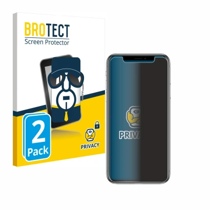 Face avant d’un emballage produit avec le logo de la marque BROTECT. À côté, l’appareil Apple iPhone X est représenté avec la 