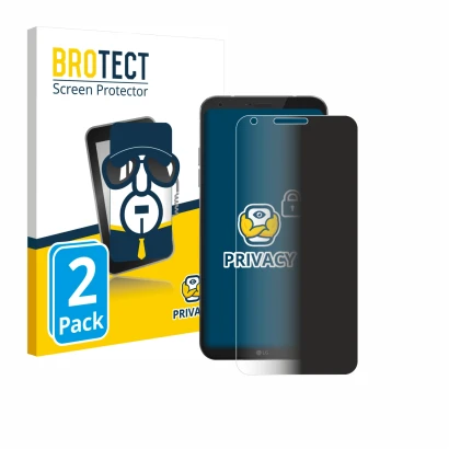 Face avant d’un emballage produit avec le logo de la marque BROTECT. À côté, l’appareil LG Q6 est représenté avec la protectio