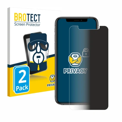 Face avant d’un emballage produit avec le logo de la marque BROTECT. À côté, l’appareil Apple iPhone Xs est représenté avec la