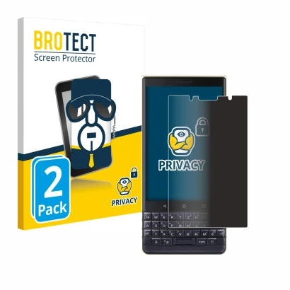 Face avant d’un emballage produit avec le logo de la marque BROTECT. À côté, l’appareil BlackBerry Key2 LE est représenté avec