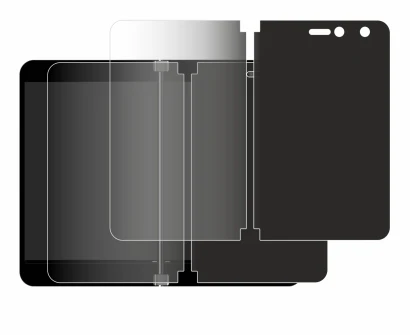 Image de l'appareil Microsoft Surface Duo avec une grande variété de protections d'écran.