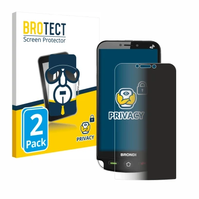 Face avant d’un emballage produit avec le logo de la marque BROTECT. À côté, l’appareil Brondi Amico Dual Sim est représenté a