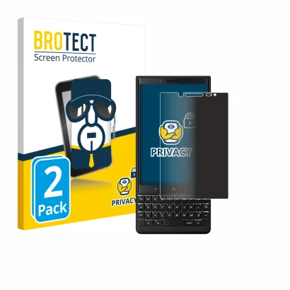 Face avant d’un emballage produit avec le logo de la marque BROTECT. À côté, l’appareil BlackBerry Key2 (Dual Sim) est représe