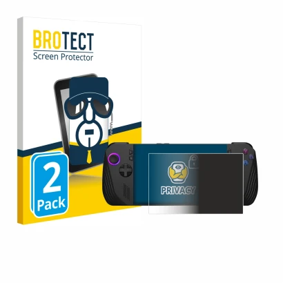 Face avant d’un emballage produit avec le logo de la marque BROTECT. À côté, l’appareil ASUS ROG Ally X (2024) est représenté 